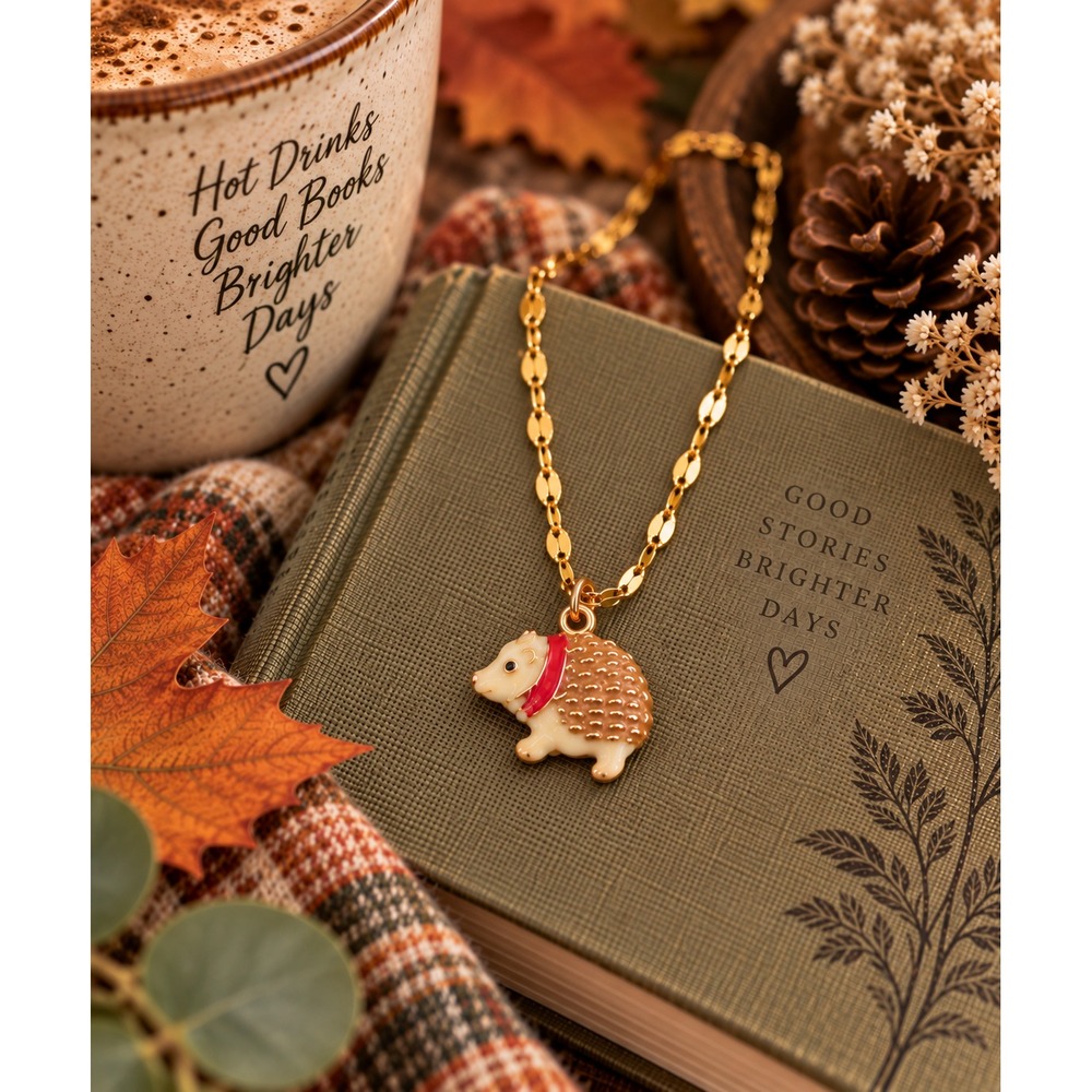 Brown Tan Hedgehog Necklace Gold Tone Enamel Woodland Animal Jewelry